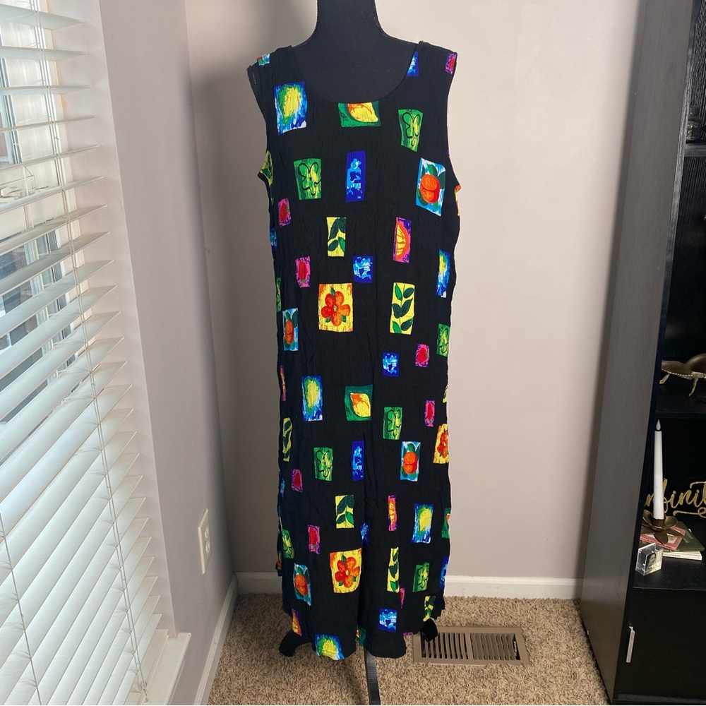 BOP Women’s 2X Black colorful sleeveless floral fruit coverup dress